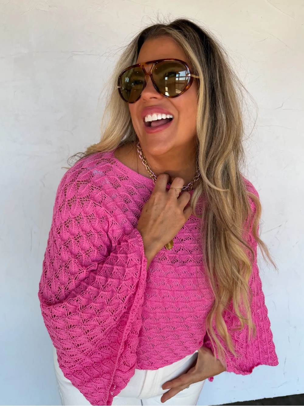 Pink Open-Knit Women's poncho cropped Blakeley